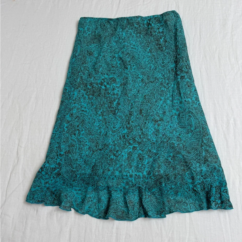 Vintage Y2K 90’s Asymmetrical Ruffle Hem Lapis Blue Floral Print Skirt Size M